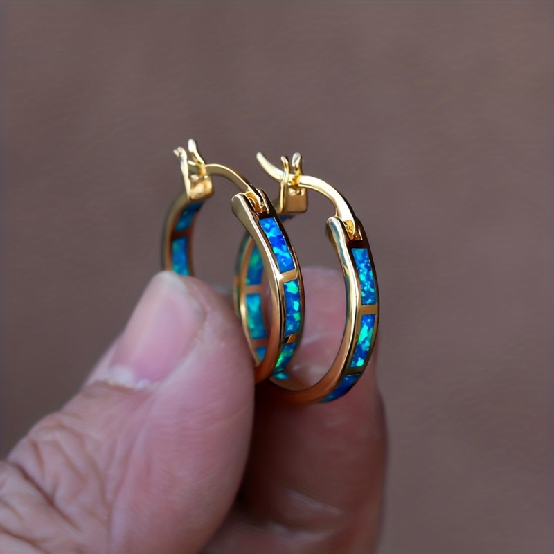 Retro Bohemian Style Opal Decor Hoop Earrings Copper 18K Gold Plated Jewelry Trendy Exquisite Female Gift