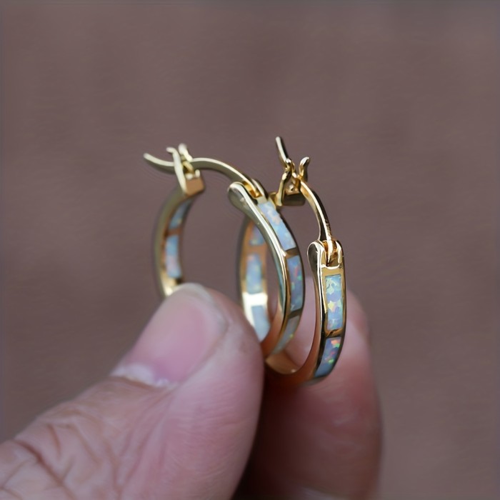 Retro Bohemian Style Opal Decor Hoop Earrings Copper 18K Gold Plated Jewelry Trendy Exquisite Female Gift