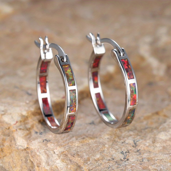 Retro Bohemian Style Opal Decor Hoop Earrings Copper 18K Gold Plated Jewelry Trendy Exquisite Female Gift