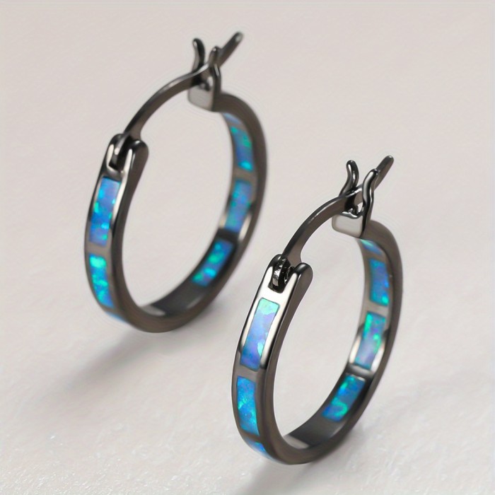 Retro Bohemian Style Opal Decor Hoop Earrings Copper 18K Gold Plated Jewelry Trendy Exquisite Female Gift