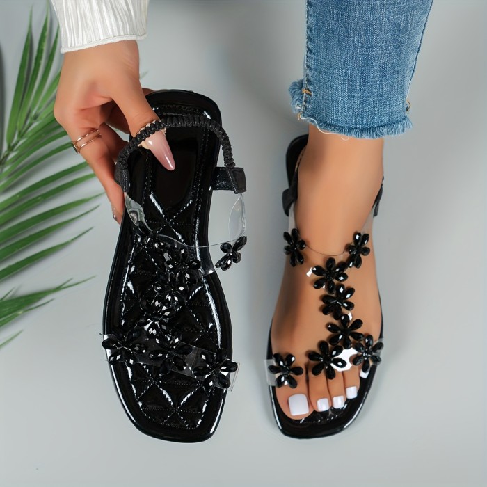 Women's Rhinestone Butterfly Decor Flat Sandals, Casual Open Toe Summer Shoes, Lightweight Elastic Band Sandals