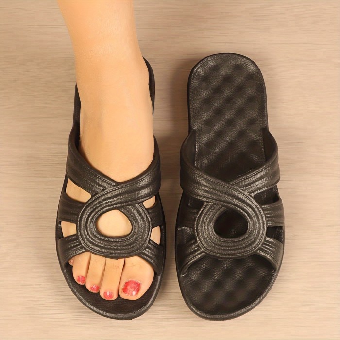 Women's Hollow Out Flat Slides, Solid Color Summer Outdoor Shoes, Minimalist Soft Sole Slides for Holiday