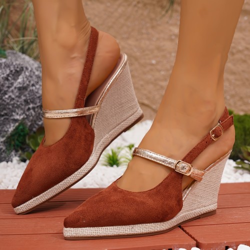 Women's Fashion Slingback Wedge Sandals, Elegant Pointed Toe Buckle Strap Heels, Versatile Going Out Sandals