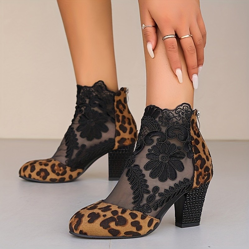 Women's Leopard Print Ankle Boots, Fashion Floral Mesh Design Block Heeled Booties, Elegant Back Zipper Short Boots