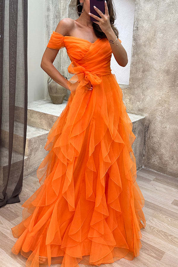 Pretty First Impression Tulle Off Shoulder Tiered Ruffle Evening Maxi Dress