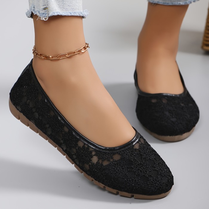 Women's Floral Lace Patttern Ballets, Slip On Soft Sole Breathable Comfy Flats, Elegant Shallow Mouth Shoes