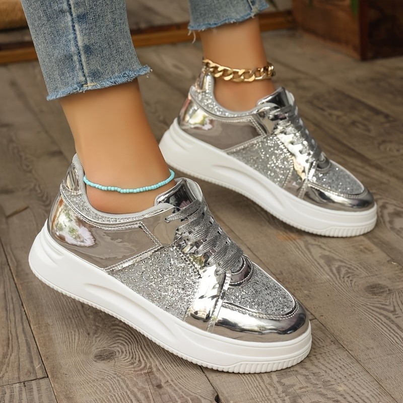 Women's Fashion Glitter Sneakers, Casual Style Platform Low Top Skate Shoes, Casual Sparkle Lace Up Sports Shoes