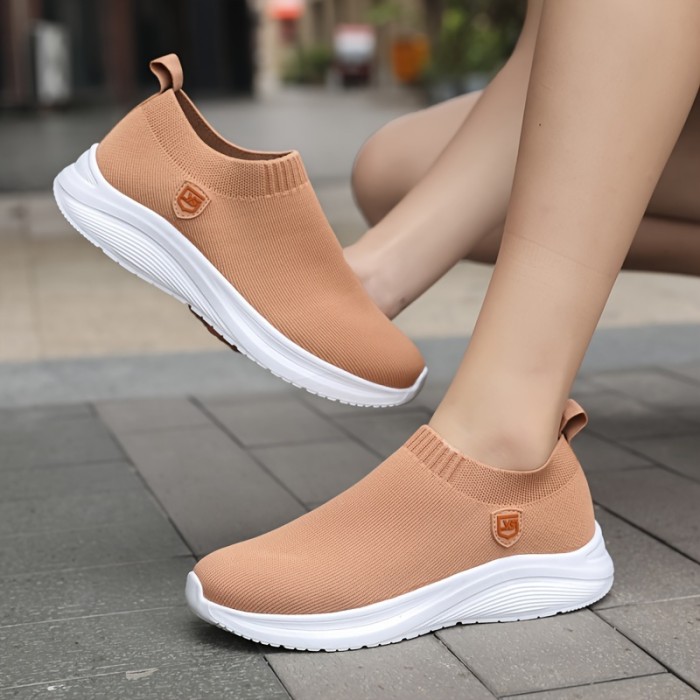 Women's Solid Color Sneakers, Breathable Knit Slip On Outdoor Shoes, Lightweight Low Top Sport Shoes