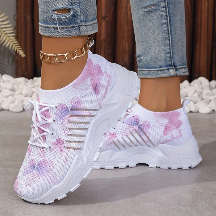Women's Butterfly Pattern Sneakers, Casual Lace Up Outdoor Shoes, Breathable Knit Low Top Shoes