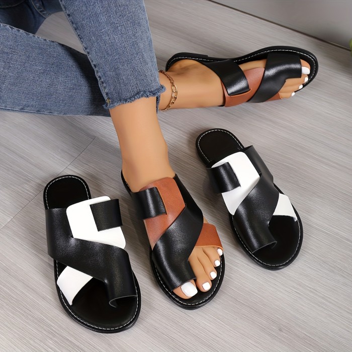 Women's Contrast Color Slide Sandals, Casual Loop Toe Flat Summer Shoes, Lightweight Slide Sandals