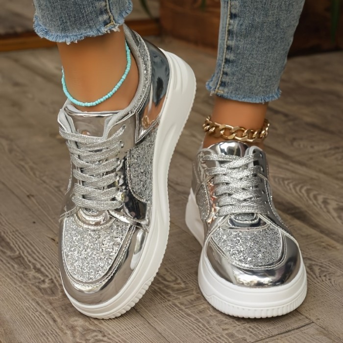 Women's Fashion Glitter Sneakers, Casual Style Platform Low Top Skate Shoes, Casual Sparkle Lace Up Sports Shoes