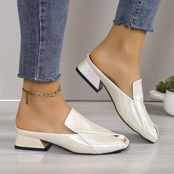 Women's Peep Toe Slide Sandals, Solid Color Square Toe Slip On Flat Shoes, Casual Outdoor Slide Shoes