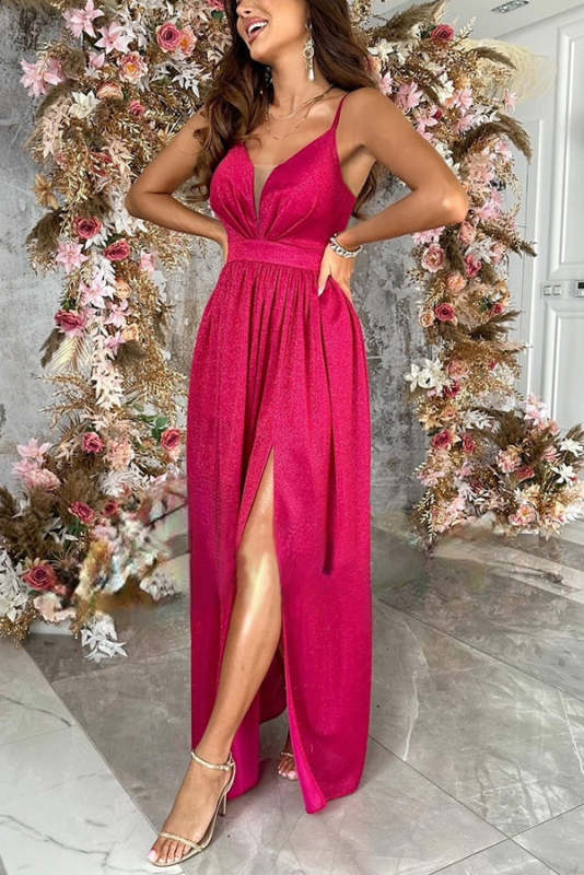 Formal Ready Shiny Fabric Mesh Slit Maxi Dress