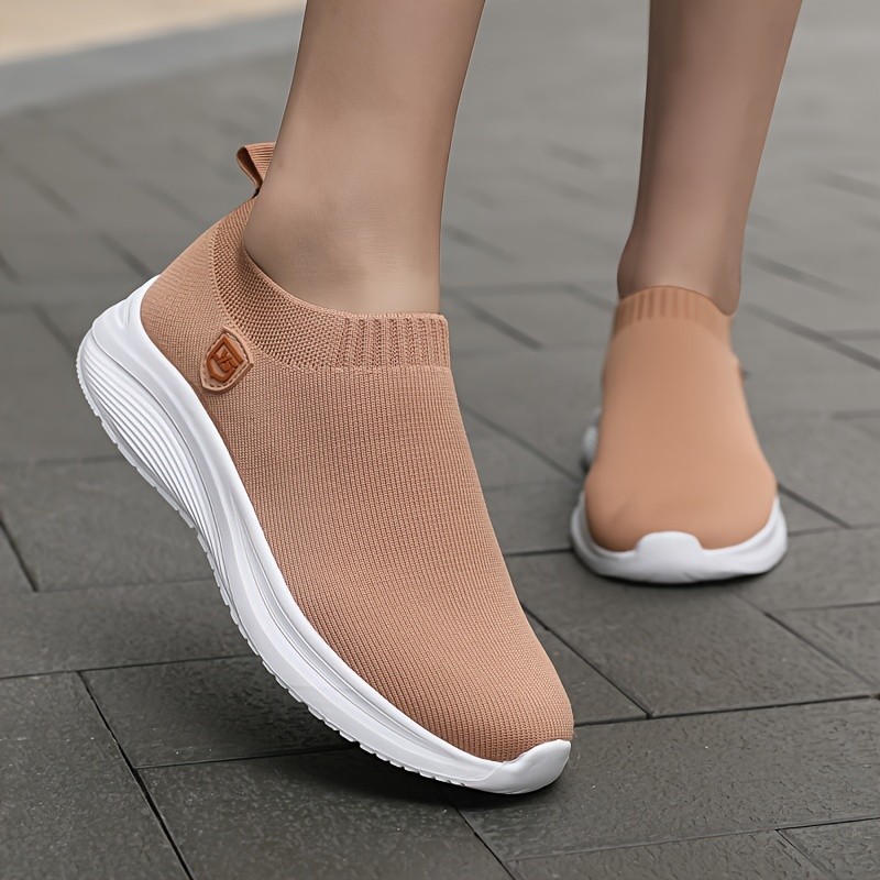 Women's Solid Color Sneakers, Breathable Knit Slip On Outdoor Shoes, Lightweight Low Top Sport Shoes