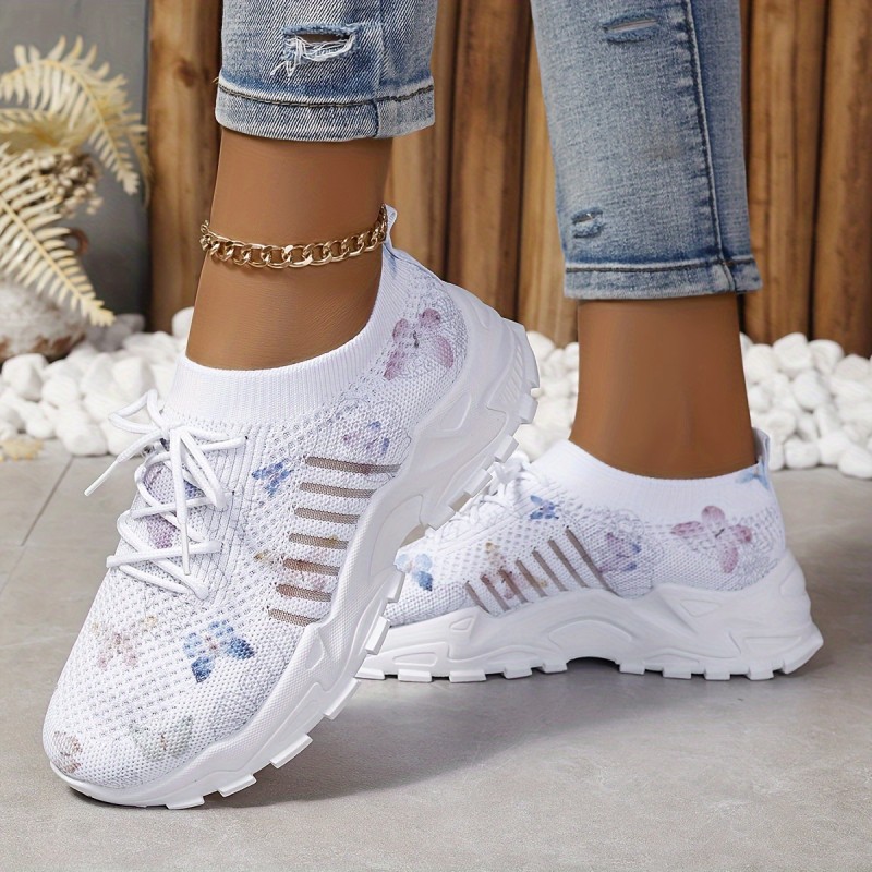 Women's Butterfly Pattern Sneakers, Casual Lace Up Outdoor Shoes, Breathable Knit Low Top Shoes