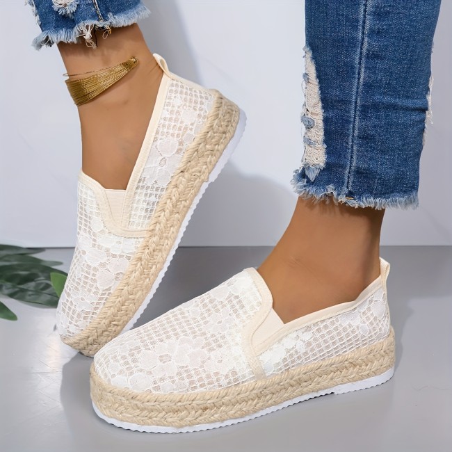 Women's Flower Pattern Flat Shoes, Casual Slip On Platform Shoes, Women's Comfortable Espadrille Shoes