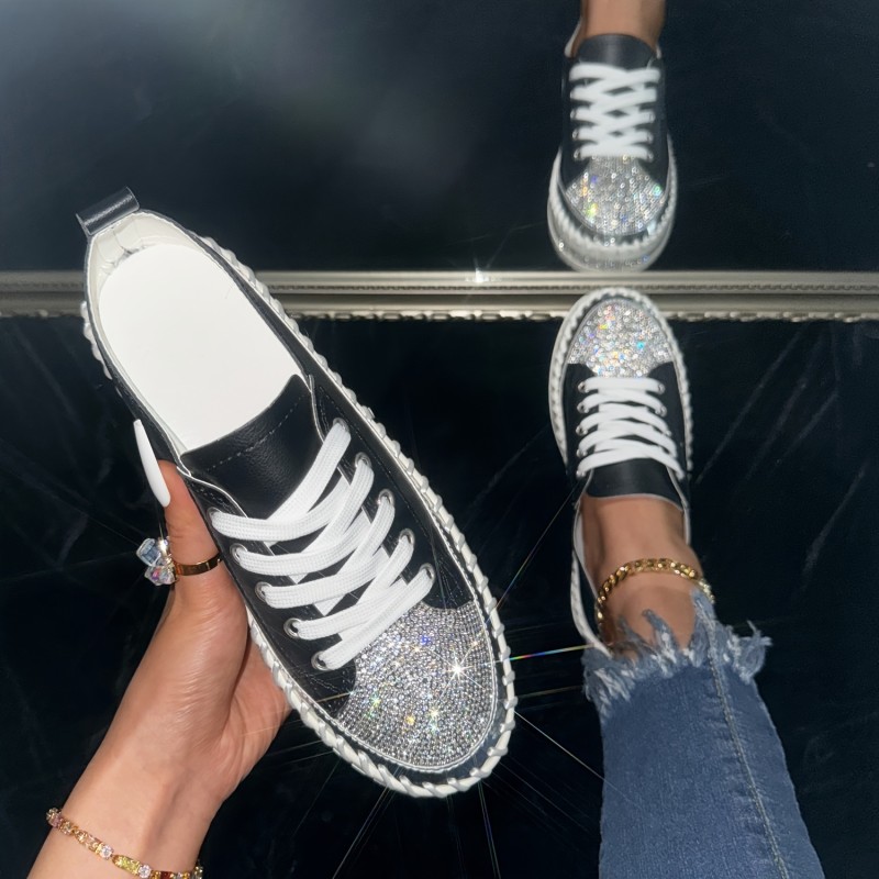 Women's Rhinestone Flat Sneakers, Fashion Round Toe Lace Up Low Top Skate Shoes, All-Match Outdoor Trainers