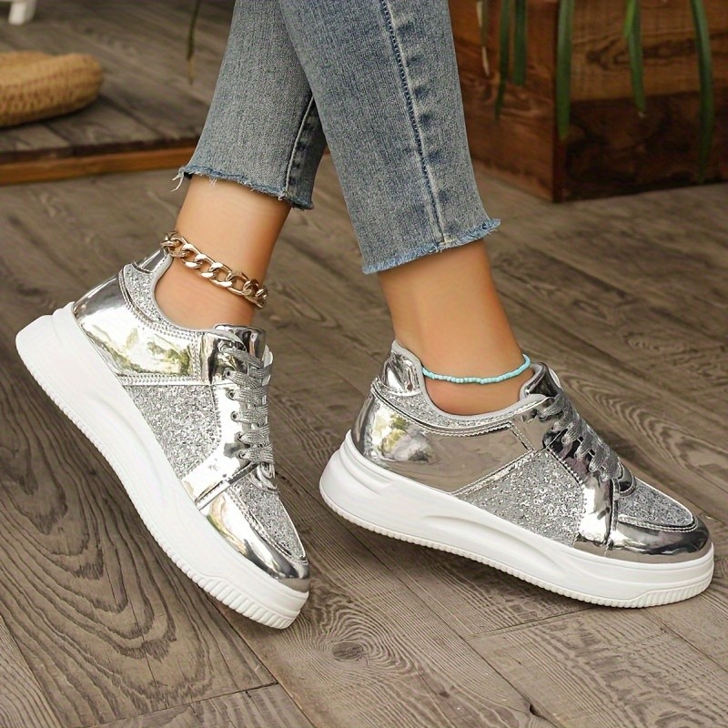 Women's Fashion Glitter Sneakers, Casual Style Platform Low Top Skate Shoes, Casual Sparkle Lace Up Sports Shoes