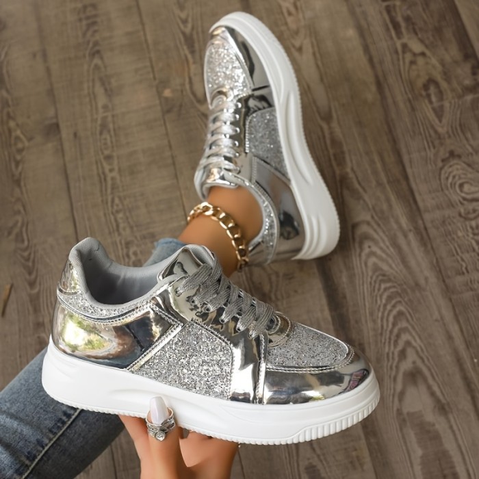 Women's Fashion Glitter Sneakers, Casual Style Platform Low Top Skate Shoes, Casual Sparkle Lace Up Sports Shoes