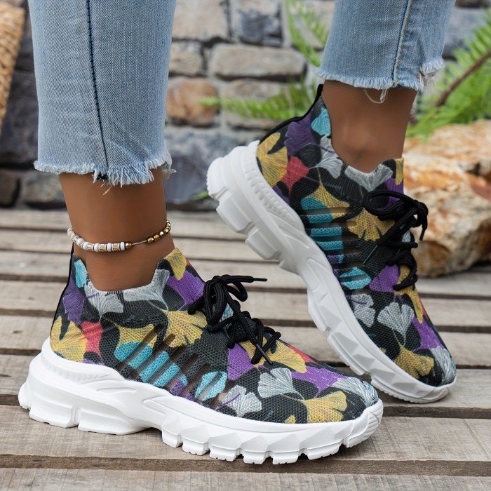 Women's Colorful Platform Sneakers, Breathable Knit Lace Up Outdoor Shoes, Comfortable Low Top Sport Shoes