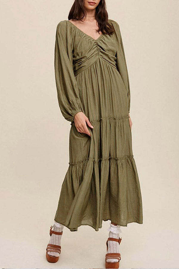 Green V Neck Bowknot Cutout Frill Tiered Maxi Dress