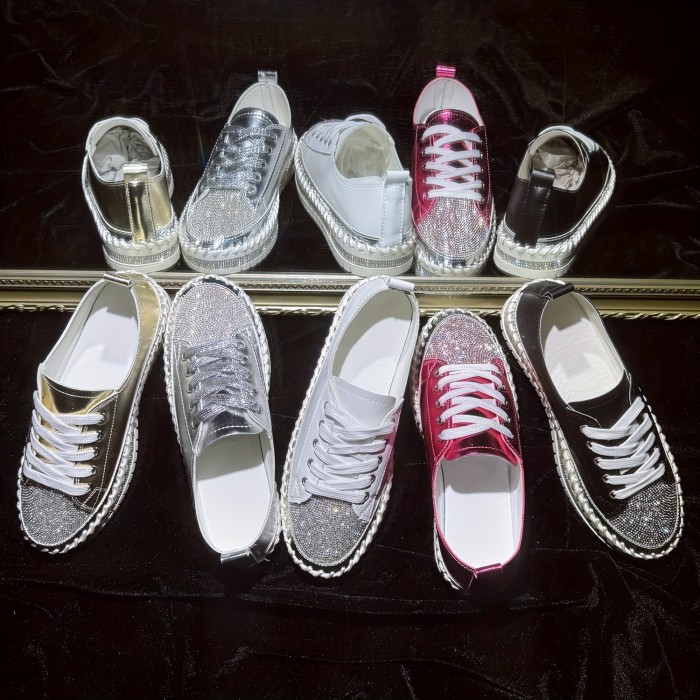 Women's Rhinestone Flat Sneakers, Fashion Round Toe Lace Up Low Top Skate Shoes, All-Match Outdoor Trainers
