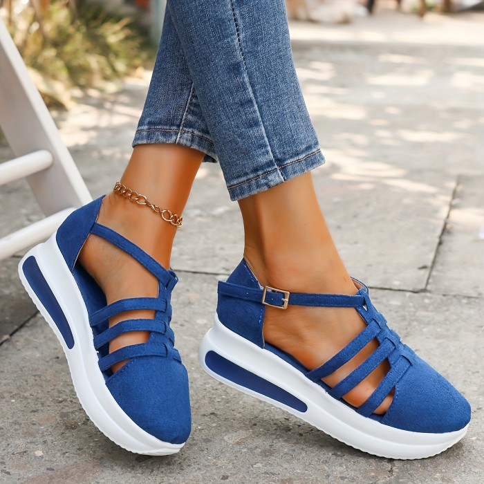 Women's Solid Color Wedge Sandals, Platform Soft Sole Comfort Walking Shoes, Breathable Cut Out Vacation Shoes