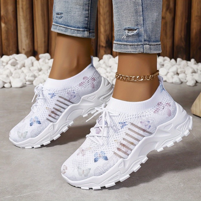Women's Butterfly Pattern Sneakers, Casual Lace Up Outdoor Shoes, Breathable Knit Low Top Shoes