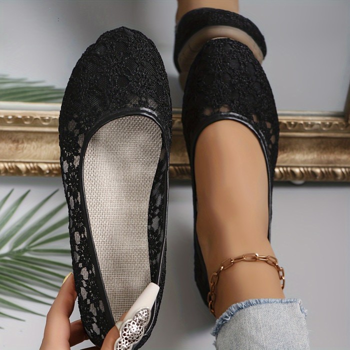 Women's Floral Lace Patttern Ballets, Slip On Soft Sole Breathable Comfy Flats, Elegant Shallow Mouth Shoes