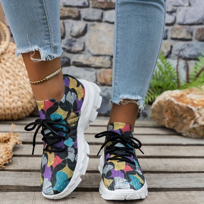 Women's Colorful Platform Sneakers, Breathable Knit Lace Up Outdoor Shoes, Comfortable Low Top Sport Shoes