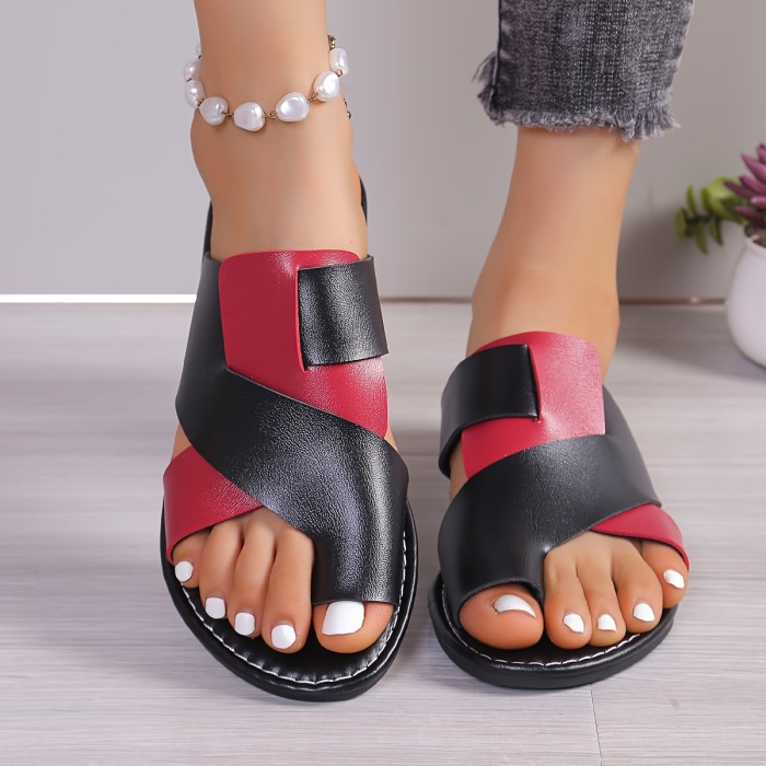 Women's Contrast Color Slide Sandals, Casual Loop Toe Flat Summer Shoes, Lightweight Slide Sandals