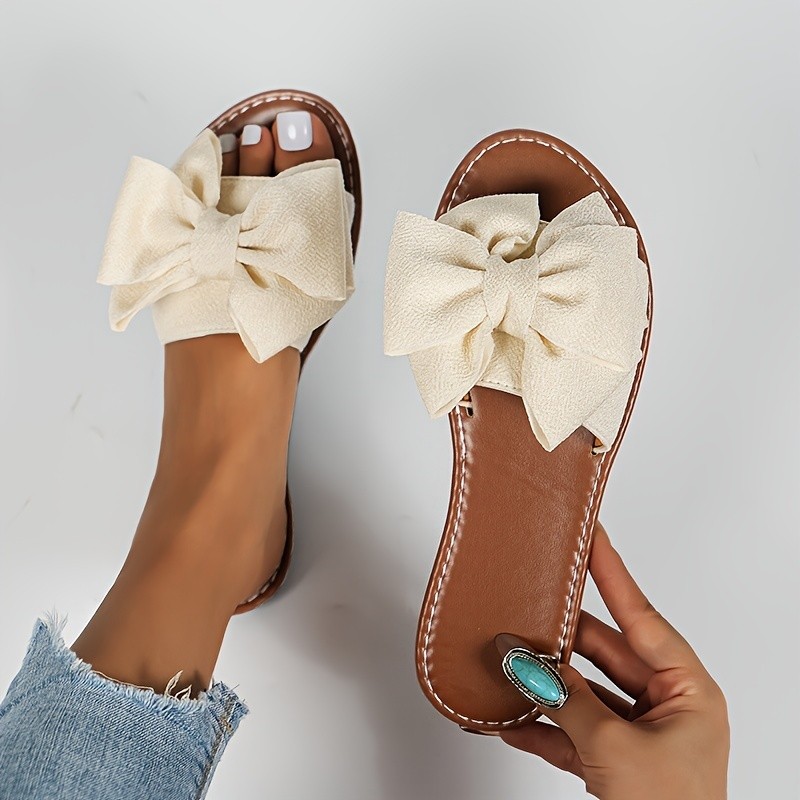 Women's Bowknot Decor Slide Sandals, Casual Open Toe Flat Summer Shoes, Lightweight Beach Shoes