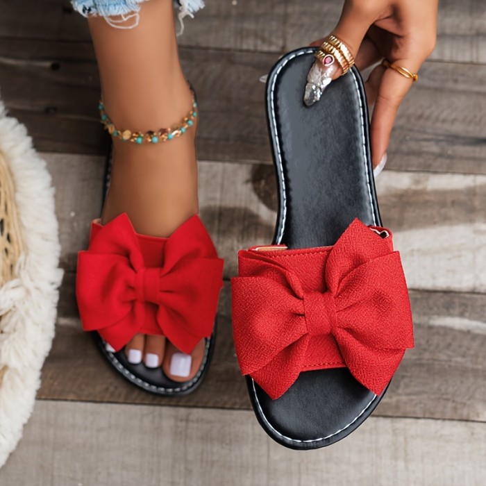 Women's Bowknot Decor Slide Sandals, Casual Open Toe Flat Summer Shoes, Lightweight Beach Shoes