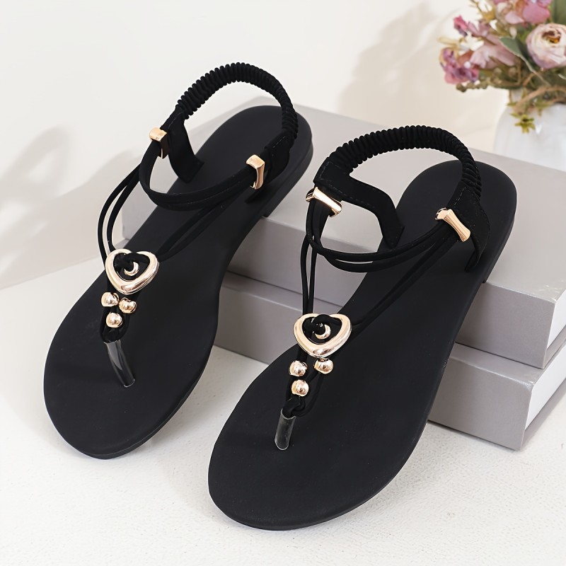 Women's Summer Thong Sandals With Elastic Ankle Straps, Fashion Heart Decor Comfortable Flat Beach Shoes