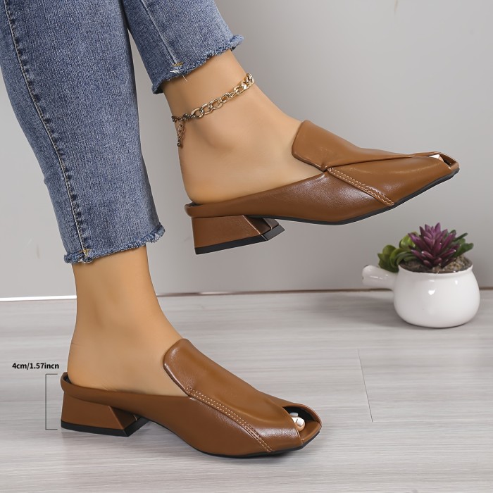 Women's Peep Toe Slide Sandals, Solid Color Square Toe Slip On Flat Shoes, Casual Outdoor Slide Shoes