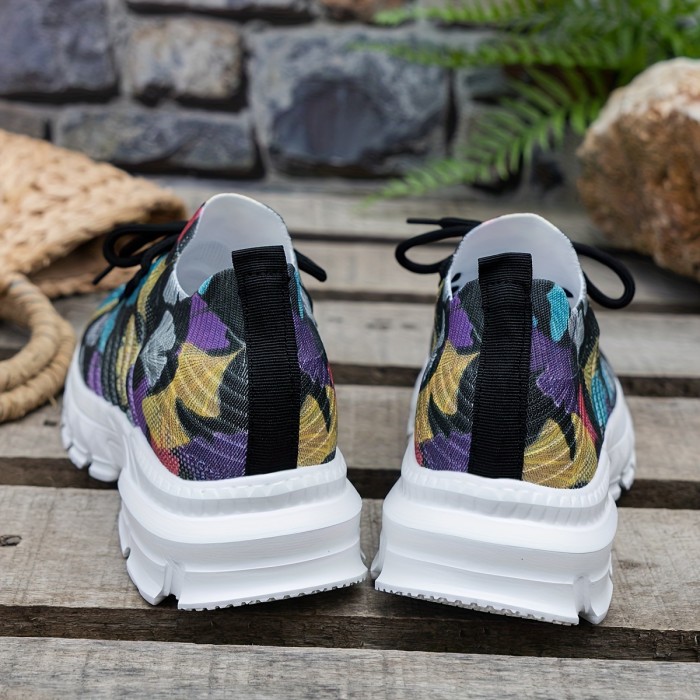 Women's Colorful Platform Sneakers, Breathable Knit Lace Up Outdoor Shoes, Comfortable Low Top Sport Shoes