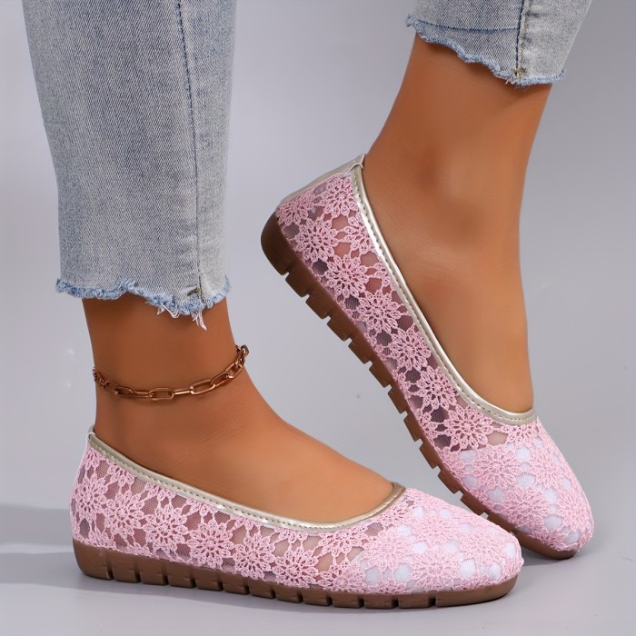 Women's Floral Lace Patttern Ballets, Slip On Soft Sole Breathable Comfy Flats, Elegant Shallow Mouth Shoes