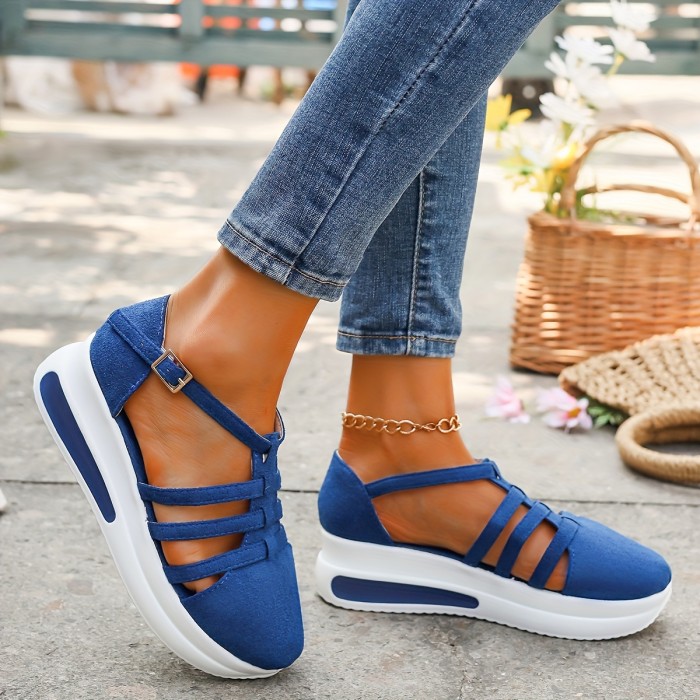 Women's Solid Color Wedge Sandals, Platform Soft Sole Comfort Walking Shoes, Breathable Cut Out Vacation Shoes