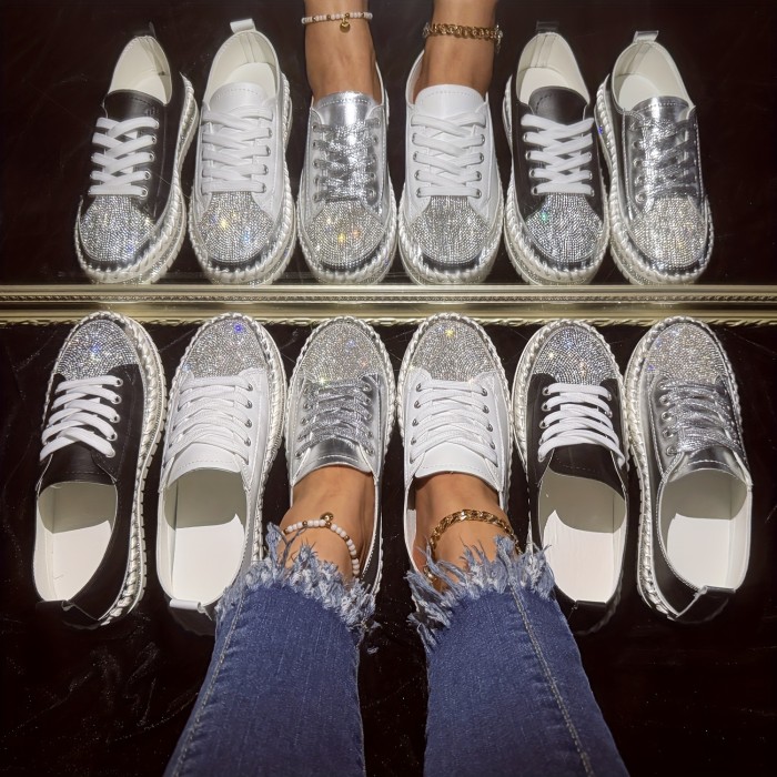 Women's Rhinestone Flat Sneakers, Fashion Round Toe Lace Up Low Top Skate Shoes, All-Match Outdoor Trainers