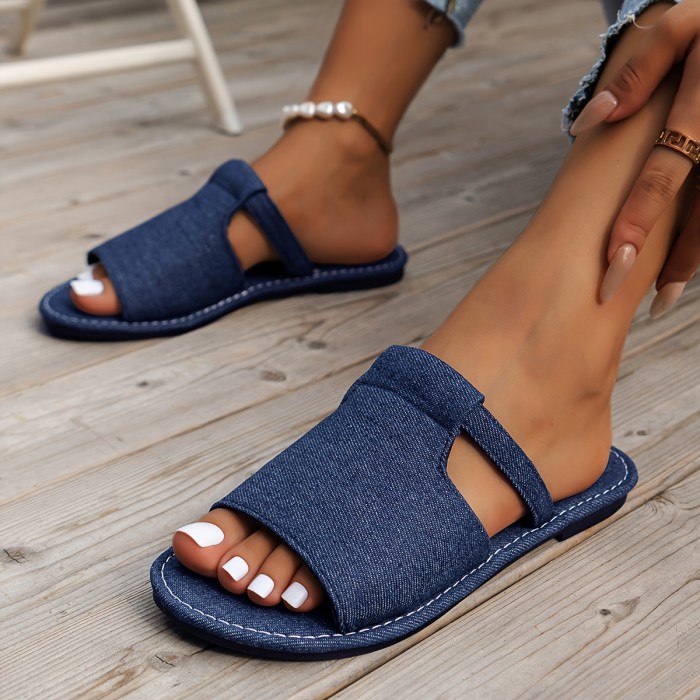 Women's Solid Color Slide Sandals, Casual Open Toe Flat Summer Shoes, Lightweight Denim Slide Sandals