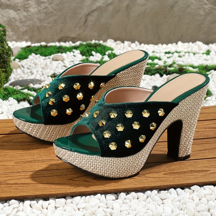 Women's Rivets Decor High Heel Sandals, Fashion Open Toe Dress Pumps, Stylish Slip On Heels