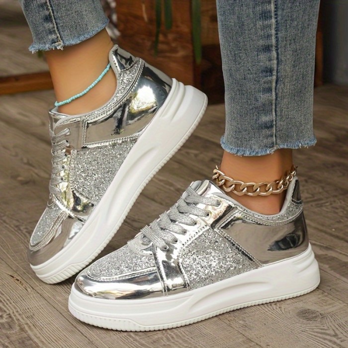 Women's Fashion Glitter Sneakers, Casual Style Platform Low Top Skate Shoes, Casual Sparkle Lace Up Sports Shoes