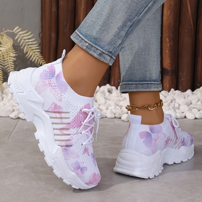 Women's Butterfly Pattern Sneakers, Casual Lace Up Outdoor Shoes, Breathable Knit Low Top Shoes