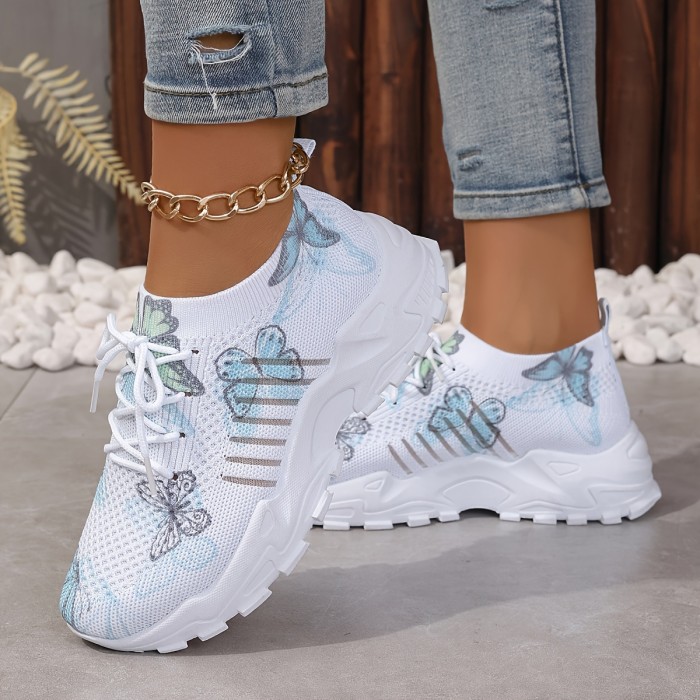 Women's Butterfly Pattern Sneakers, Casual Lace Up Outdoor Shoes, Breathable Knit Low Top Shoes
