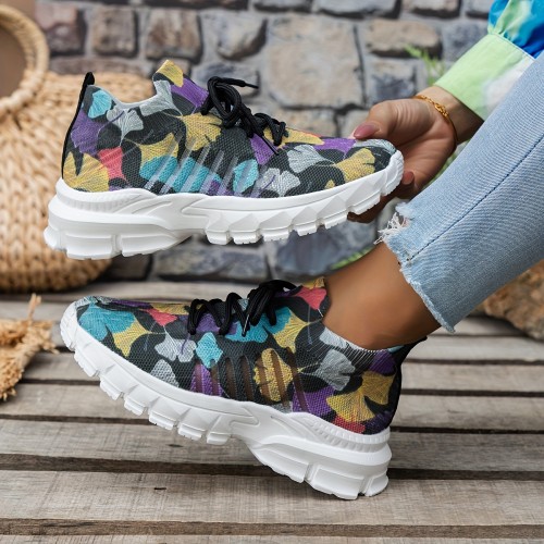 Women's Colorful Platform Sneakers, Breathable Knit Lace Up Outdoor Shoes, Comfortable Low Top Sport Shoes
