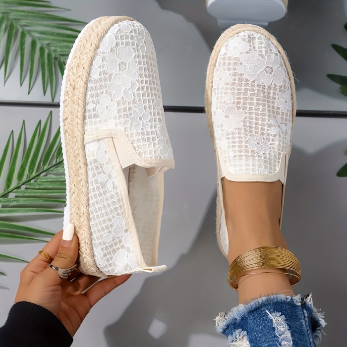 Women's Flower Pattern Flat Shoes, Casual Slip On Platform Shoes, Women's Comfortable Espadrille Shoes