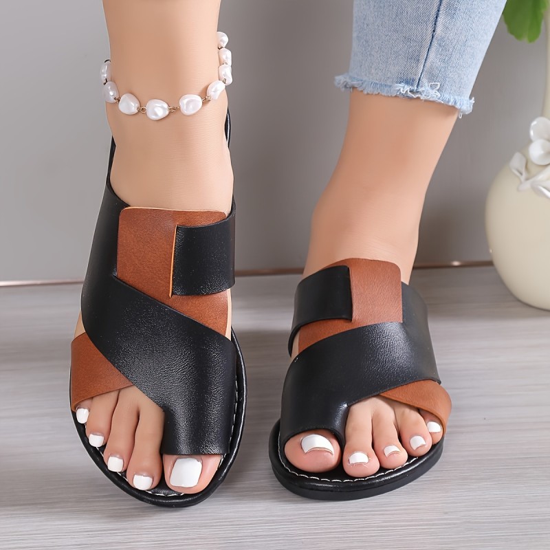 Women's Contrast Color Slide Sandals, Casual Loop Toe Flat Summer Shoes, Lightweight Slide Sandals