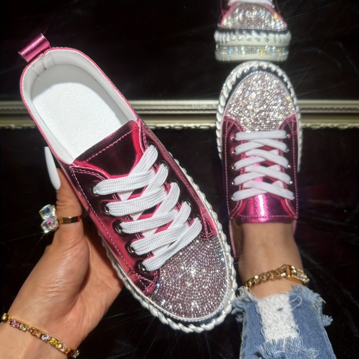 Women's Rhinestone Flat Sneakers, Fashion Round Toe Lace Up Low Top Skate Shoes, All-Match Outdoor Trainers