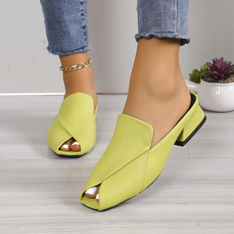 Women's Peep Toe Slide Sandals, Solid Color Square Toe Slip On Flat Shoes, Casual Outdoor Slide Shoes