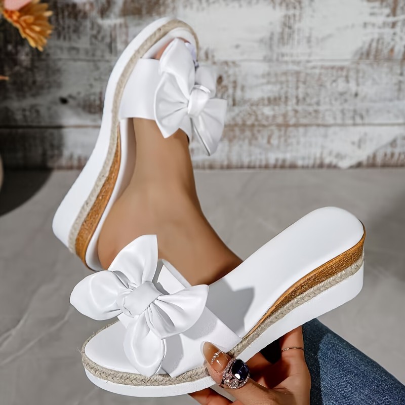 Women's Bowknot Decor Wedge Heeled Sandals, Casual Open Toe Platform Shoes, Comfortable Slip On Sandals